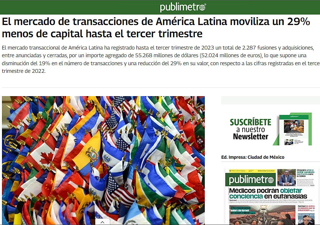 El mercado de transacciones de Amrica Latina moviliza un 29% menos de capital hasta el tercer trimestre